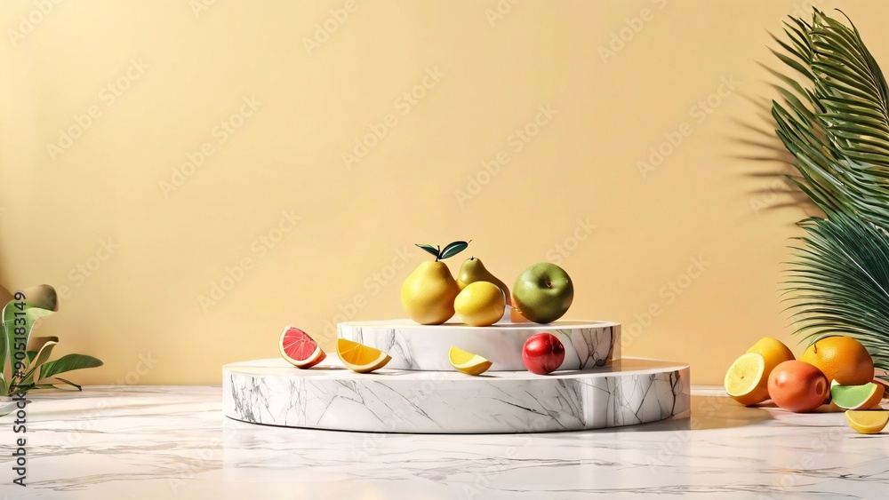 podium with fruits, yellow background podium with fruits, yellow background