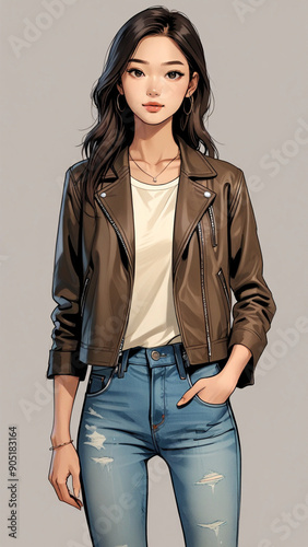 illustration of a beautiful Asian woman. black hair, Dress her in SCity Casual Leather jacket, graphic tee, ripped jeans, and ankle boots photo