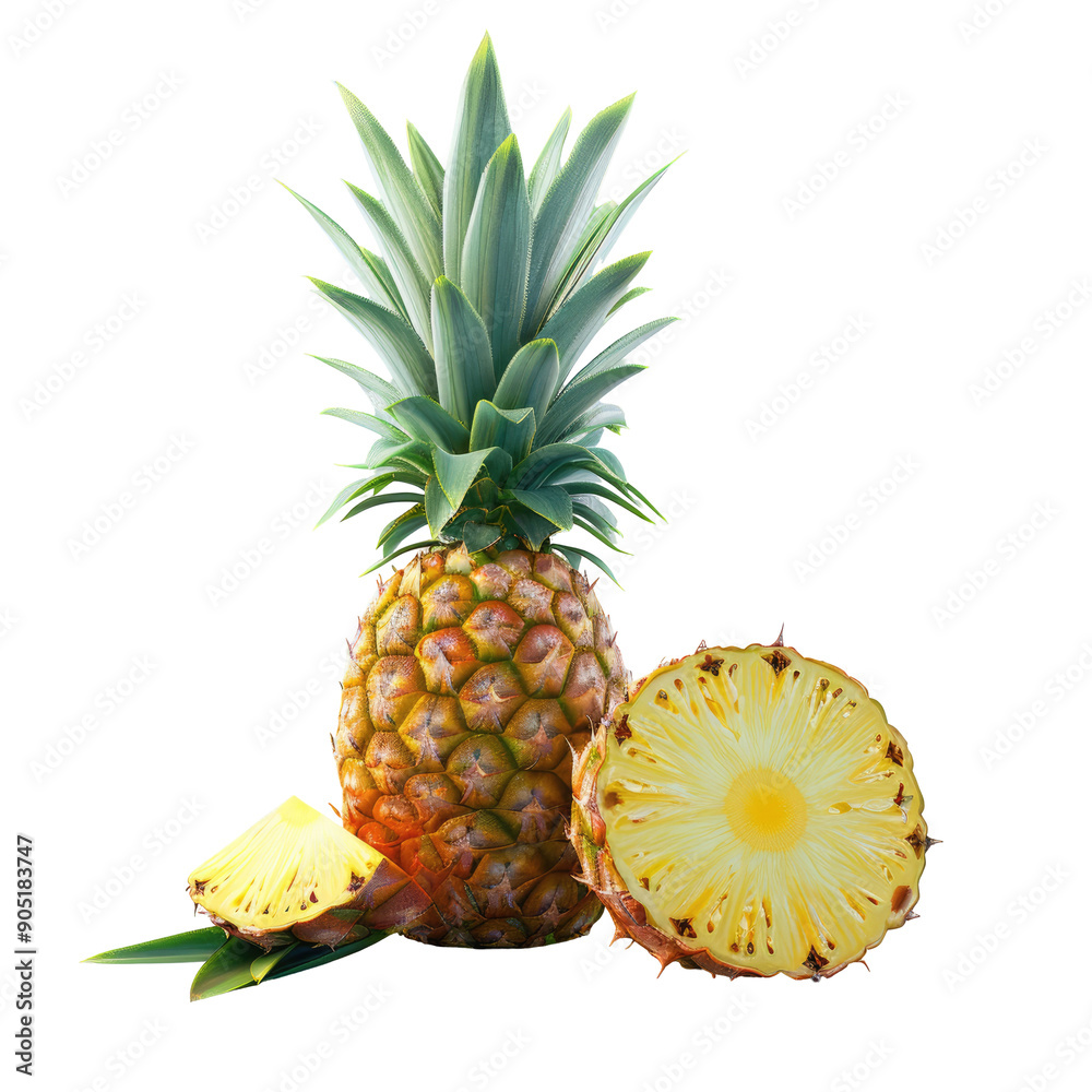 Isolated pineapple with leaves and slices on transparent background with full depth of field. Isolated pineapple with leaves and slices on transparent background with full depth of field.