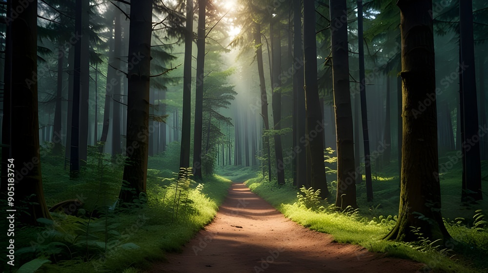 Fototapeta premium Pathway through a dense forest leading to a bright clearing 