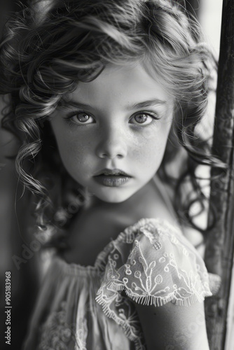 Portrait of a Child in White Dress. Black and White Girl. Generative AI. photo