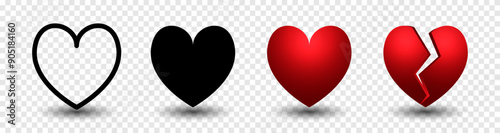 Heart icons set, especially on social media platforms, in text messages, and in design elements. Vector illustration