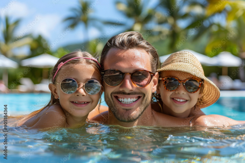 A smiling young father and his children in a swimming pool enjoying the vacation A smiling young father and his children in a swimming pool enjoying the vacation