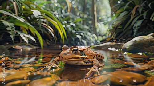 Fleays s Barred Frog in rainforest stream photo