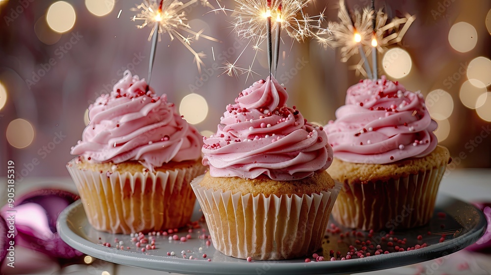 Three birthday cupcakes with pink frosting and party sparklers Three birthday cupcakes with pink frosting and party sparklers
