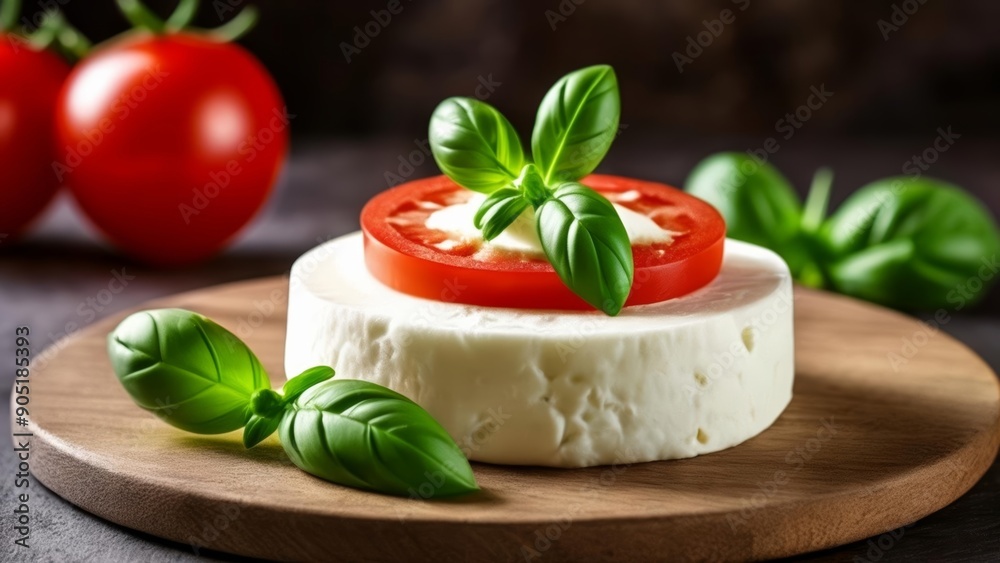 Freshly sliced tomatoes and basil atop a creamy cheese Freshly sliced tomatoes and basil atop a creamy cheese