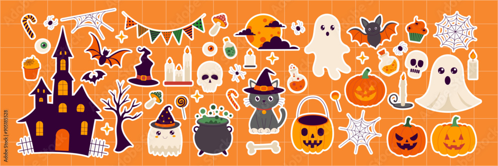 Obraz premium Halloween stickers with a variety of spooky and cute characters. The stickers include a pumpkin, a cat, a witch, a ghost, a bat, a skeleton, and a pumpkin with a scary face