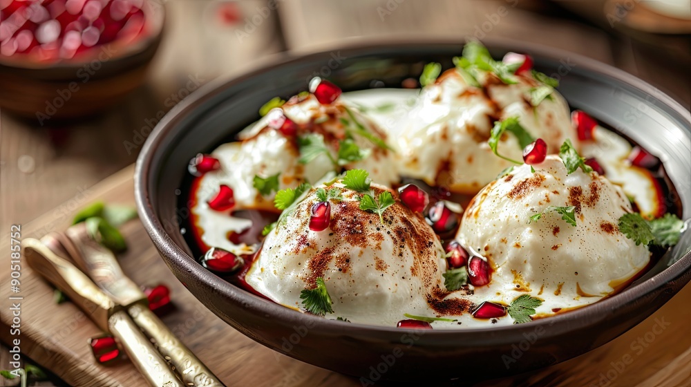 Indian tasty street food Dahi Bhalla or Dahi Vada garnished with tamarind sauce and pomegranate seeds