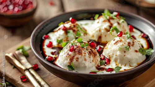 Obraz na płótnie Indian tasty street food Dahi Bhalla or Dahi Vada garnished with tamarind sauce and pomegranate seeds w salonie