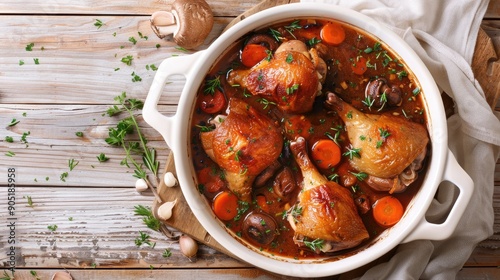 Coq au Vin traditional French recipe of chicken braised in red wine with carrot and mushrooms White casserole on wooden table top view