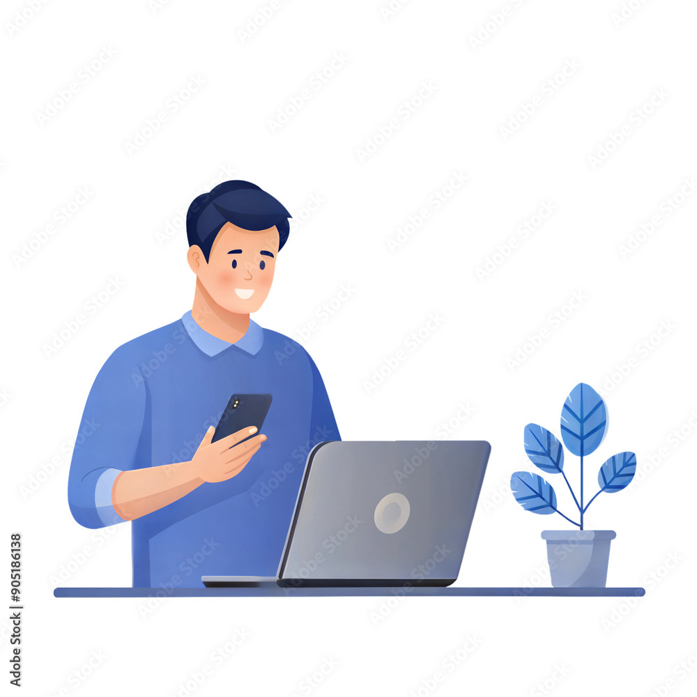 Man holding smartphone and using laptop Man holding smartphone and using laptop