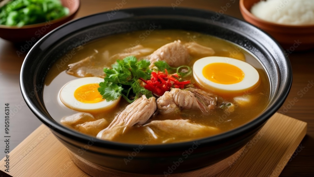 Delicious Asian noodle soup with egg and herbs Delicious Asian noodle soup with egg and herbs