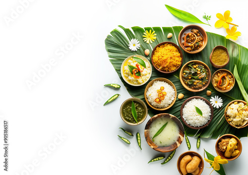 Traditional food Onam sadhya served on banana green leaf, south indian vegeterian meal arranged in traditional way. Onam Sadya vegetarian meal with rice and curries, kerala food, Kerala, india. photo