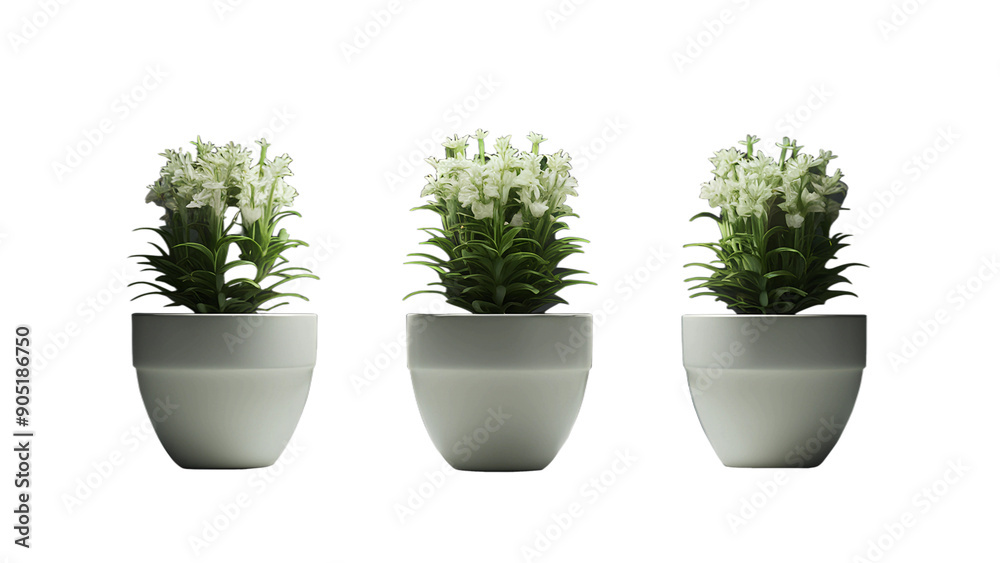 Three white pots with white flowers isolated on transparent background Three white pots with white flowers isolated on transparent background