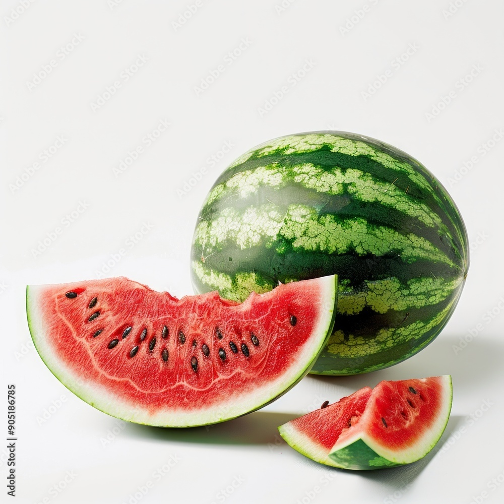 Medium shot of whole watermelon near the sliced piece of watermelon, isolated on a white background Medium shot of whole watermelon near the sliced piece of watermelon, isolated on a white background