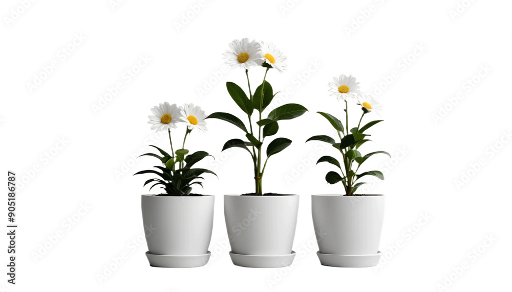 Three pots with daisies isolated on transparent background
Three pots with daisies isolated on transparent background