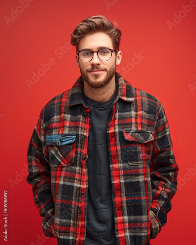 Young Man in Plaid Jacket Posing Against Red Background