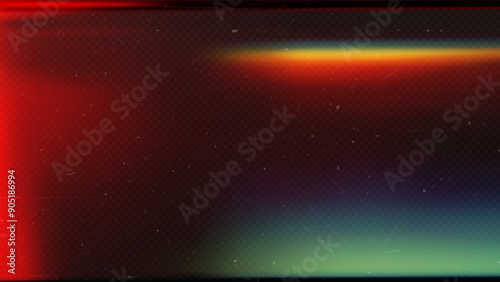 Old film light leaks texture with scratches, noise, iridescent stripes. Rainbow lens flare effect, camera film filter with bokeh, dust, grain. Distressed retro movie, photo burn effect. 3D vector bg