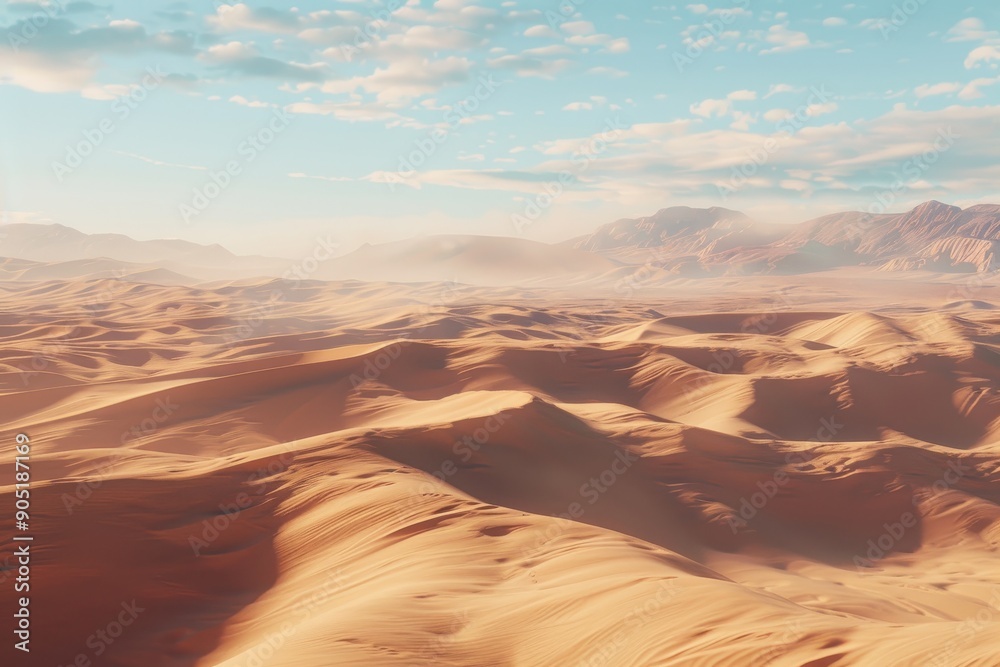 Naklejka premium Expansive Sandy Desert Landscape with Distant Mountains and Hazy Sky
