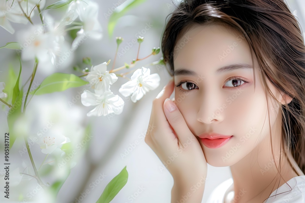 Beautiful Asian Woman Portrait With White Flowers Beautiful Asian Woman Portrait With White Flowers