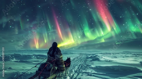 Inuit woman in traditional sealskin garments on a dogsled across icy landscape under Northern Lights.