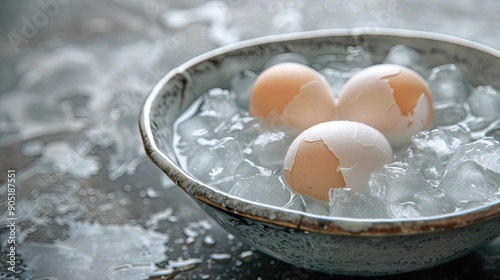 Cooling freshly cooked hard boiled eggs in a bowl with ice water photo