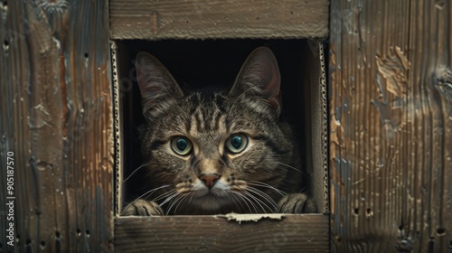 The feline a domestic shorthaired cat gazes at the camera while perched inside a cardboard box surrounded by wooden walls Its whiskers and snout are visible as it sits comfortably photo