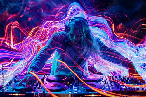 Long exposure photograph of portrait photo of a crazy dj, party background , highly detailed, cinematic lighting, neon colors, 64k , in the style Long exposure photograph