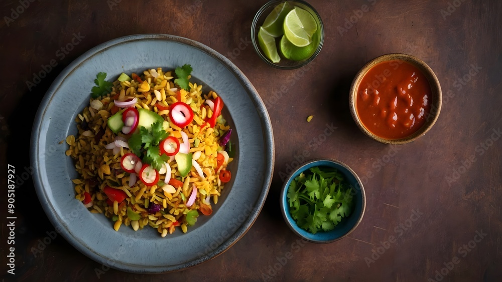 Colorful Plate of Bhel Puri with Accompaniments Colorful Plate of Bhel Puri with Accompaniments