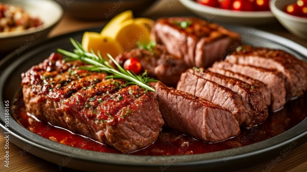 Deliciously grilled steak with vibrant garnish ready to be savored Deliciously grilled steak with vibrant garnish ready to be savored