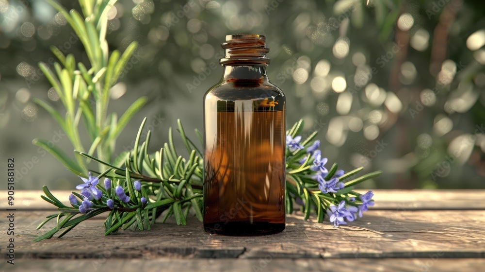 A brown bottle of aromatherapy essential oil with fresh blooming rosemary twigs