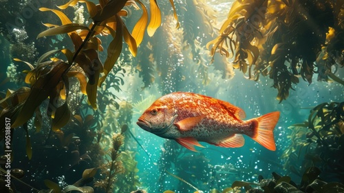 Australasian snapper Pagrus auratus swimming under canopy of kelp forest photo