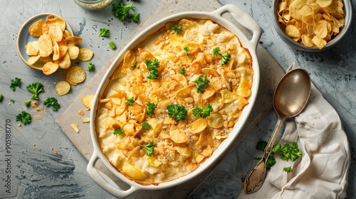creamy cheesy chicken almond casserole topped with potato chips in baking dish with spoon on concrete table with ingredients american recipe flat lay