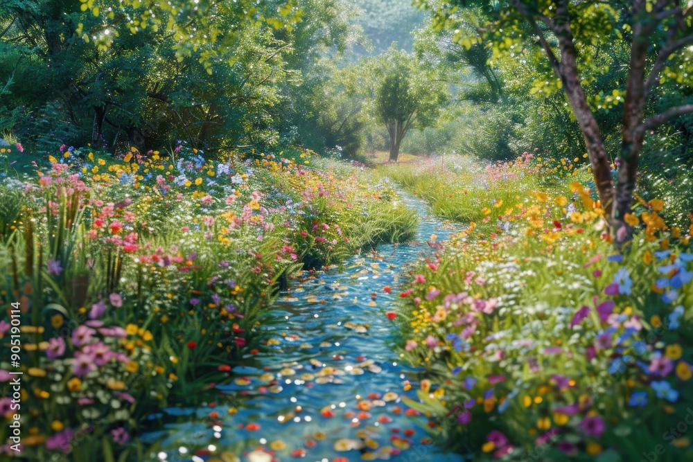 Sunlit Stream Winding Through a Meadow of Blooming Flowers Sunlit Stream Winding Through a Meadow of Blooming Flowers