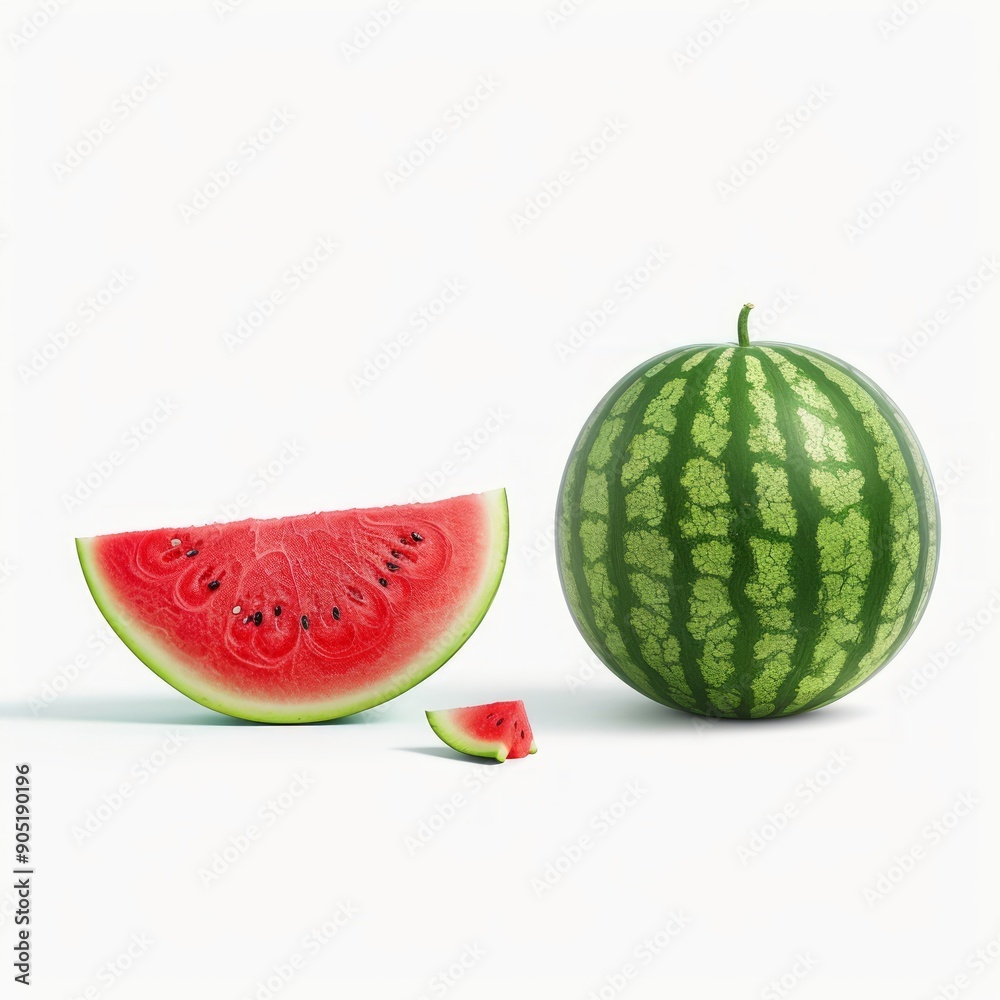Medium shot of whole watermelon near the sliced piece of watermelon, isolated on a white background Medium shot of whole watermelon near the sliced piece of watermelon, isolated on a white background
