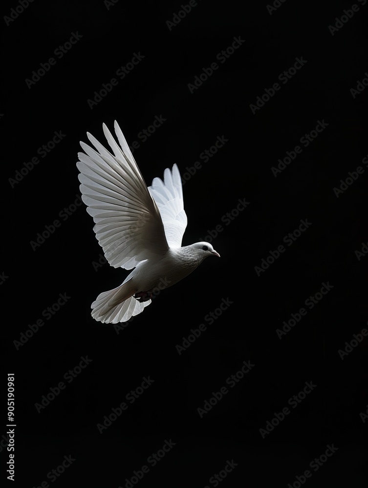 Obraz premium Flying dove. White pigeon on a black background.