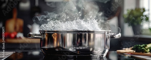 A stainless steel pot filled with boiling water on a modern stove, creating a steamy cooking atmosphere.