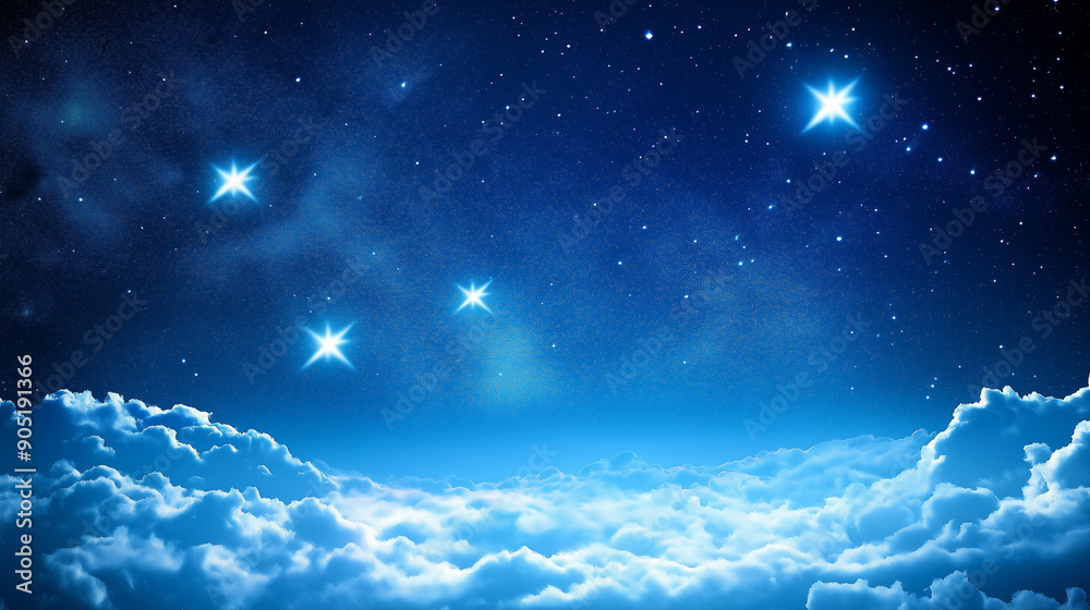 Fototapeta premium A night sky filled with a myriad of stars, some of which are shining brighter than others. The stars are scattered across the deep blue expanse, with some appearing closer to the viewer