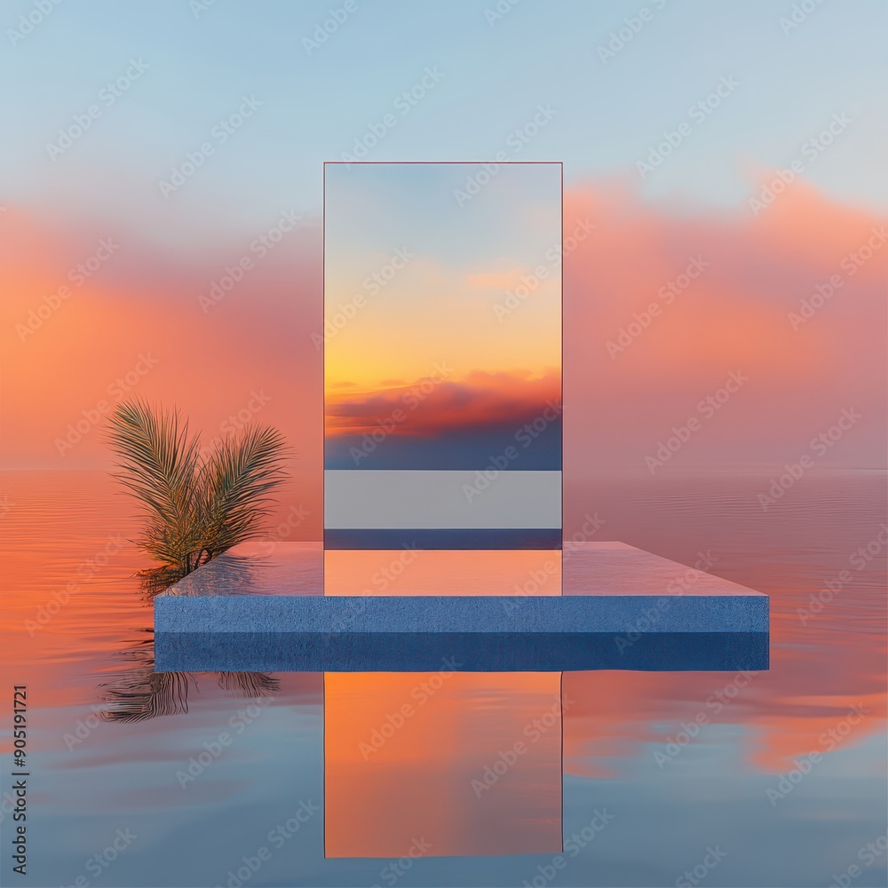 Reflective podium with orange and blue hues, beside a serene lake, abstract nature aesthetics Reflective podium with orange and blue hues, beside a serene lake, abstract nature aesthetics