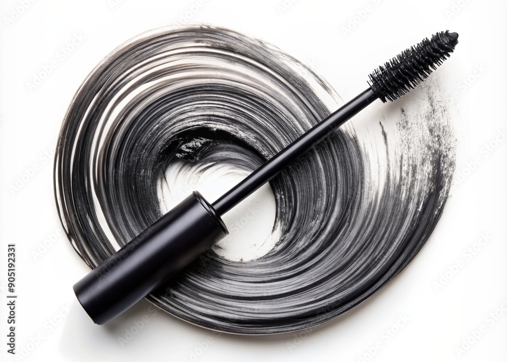 Close-up of a circular black mascara texture with bold brush strokes isolated on a clean white background, creating a dynamic and modern aesthetic. Close-up of a circular black mascara texture with bold brush strokes isolated on a clean white background, creating a dynamic and modern aesthetic.