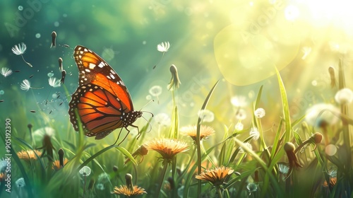 Gentle Butterfly Dancing Over Meadow with Dandelion Fluff