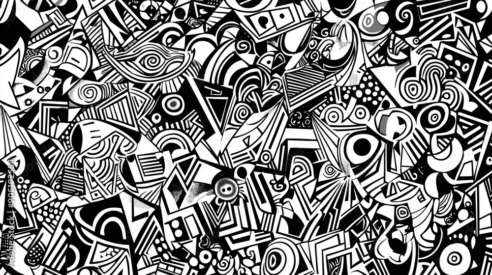 A repetitive pattern of various abstract shapes, predominantly in black and white. These shapes include triangles, circles, squares, and swirls. They are densely packed together A repetitive pattern of various abstract shapes, predominantly in black and white. These shapes include triangles, circles, squares, and swirls. They are densely packed together