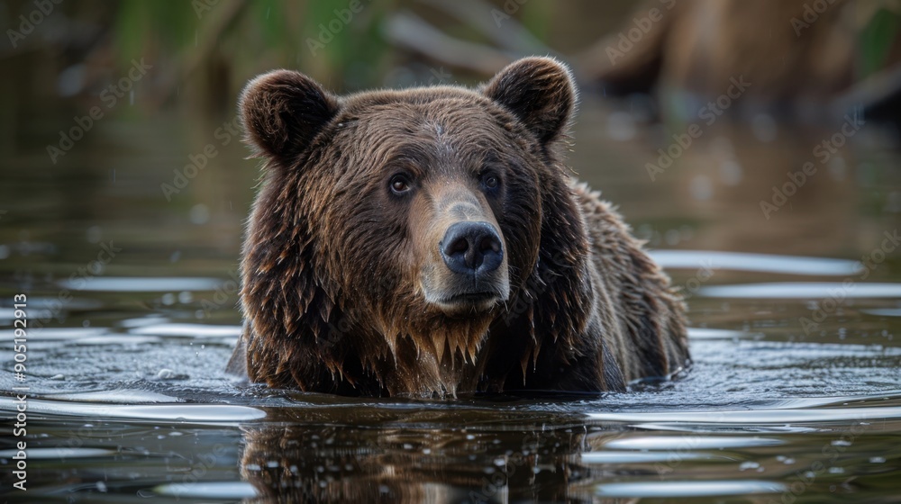 Brown bear partially submerged in water, detailed fur and reflection on the water surface Brown bear partially submerged in water, detailed fur and reflection on the water surface