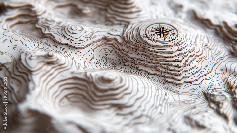A topographic map with intricate contour lines. These lines depict the elevation and depression of the terrain. The map is predominantly white with black contour lines, and there's a compass rose A topographic map with intricate contour lines. These lines depict the elevation and depression of the terrain. The map is predominantly white with black contour lines, and there's a compass rose