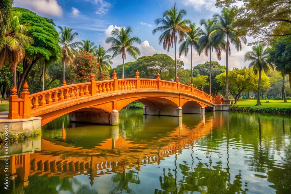 Fototapeta premium Beautiful orange cement bridge in Chatuchak public park
