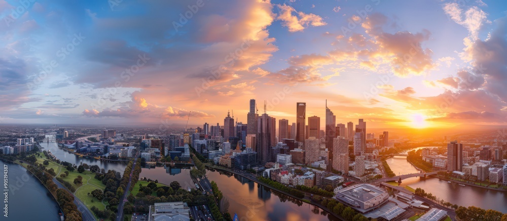 Fototapeta premium Melbourne City Skyline at Sunset. Aerial Panoramic View of Modern Architecture and Urban Landscape