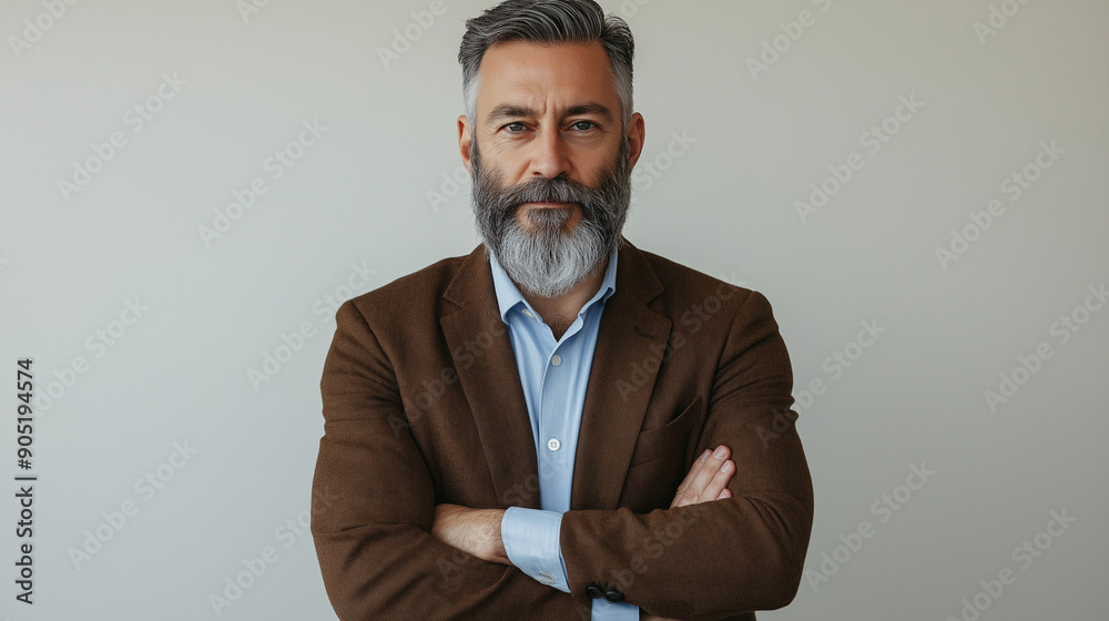 A mature man with a full beard and gray hair. He is wearing a brown blazer over a light blue shirt. The man has a confident and composed expression. He stands against a plain white background A mature man with a full beard and gray hair. He is wearing a brown blazer over a light blue shirt. The man has a confident and composed expression. He stands against a plain white background