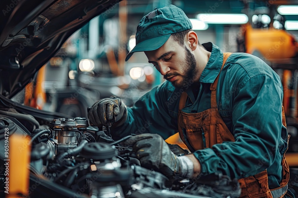 Car mechanic working in auto repair service. Closeup of auto mechanic hands repairing car engine Car mechanic working in auto repair service. Closeup of auto mechanic hands repairing car engine