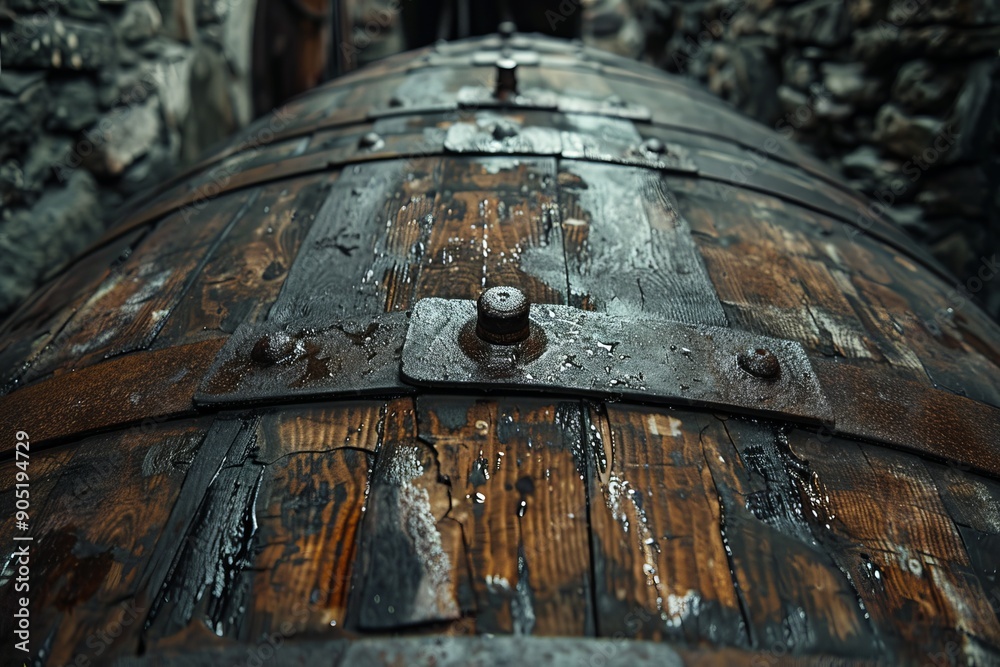 Large wooden barrel placed in the center of a tunnel Large wooden barrel placed in the center of a tunnel