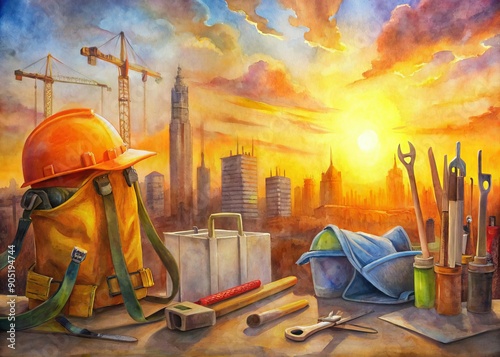 Vibrant orange hues of sunset illuminate a laden tool belt with hammer, pliers, and other equipment on a high-rise construction site, emphasizing industry safety and labor. photo